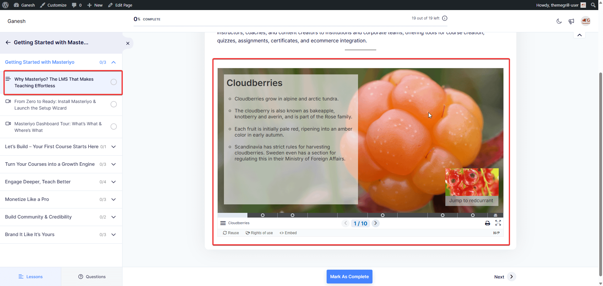 H5P interactive content rendered inside the Masteriyo learn page