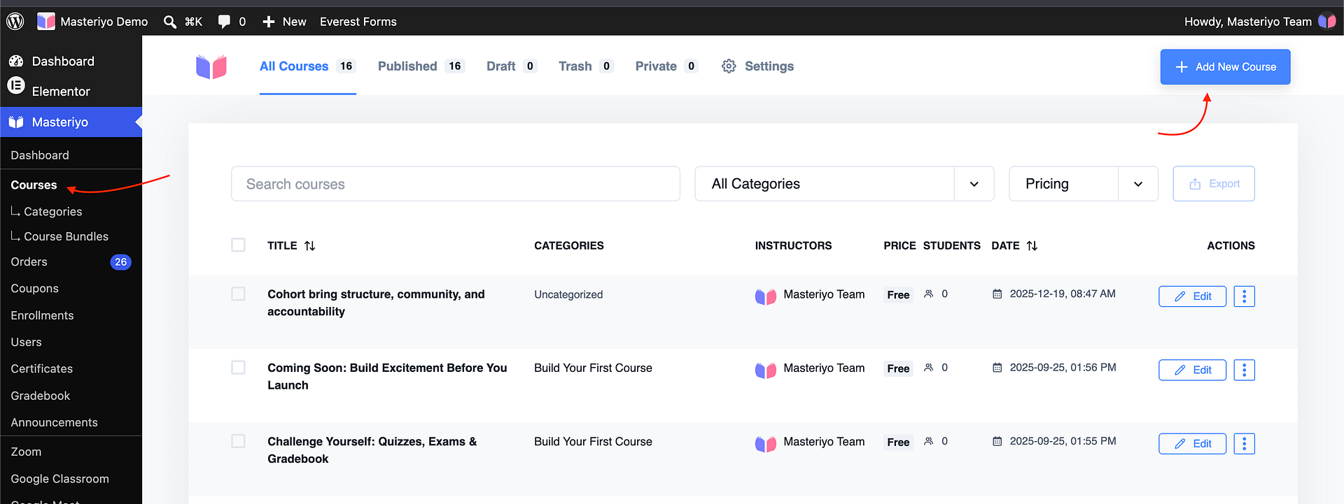 Courses list with Add New Course button