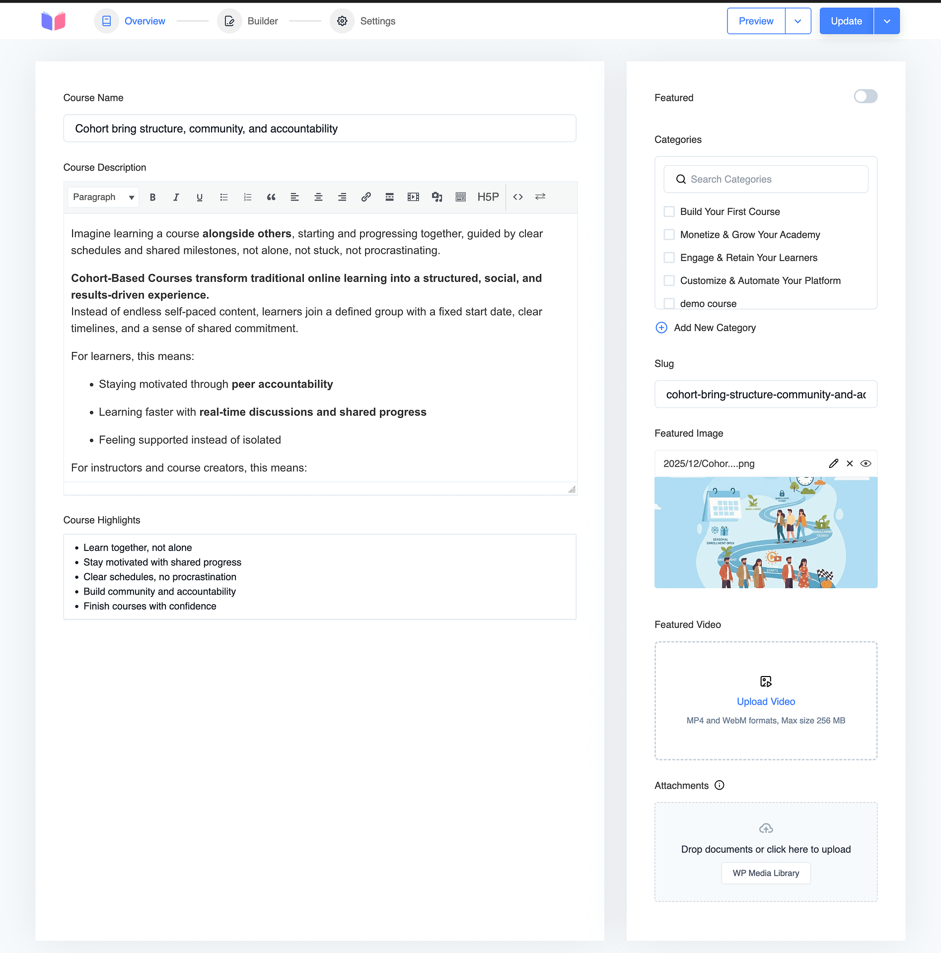 Course builder — edit course basics