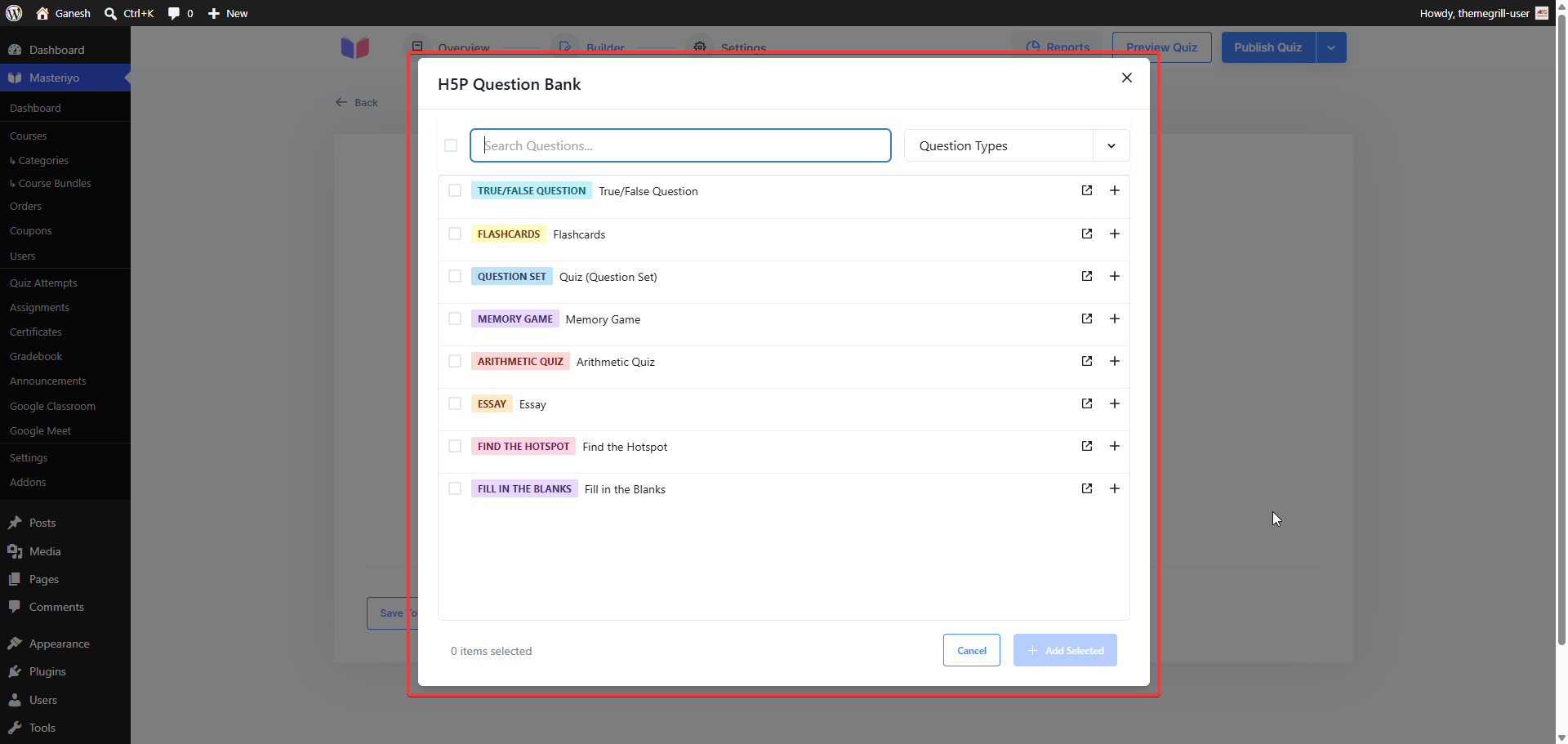H5P Question Bank modal with search and content-type filter