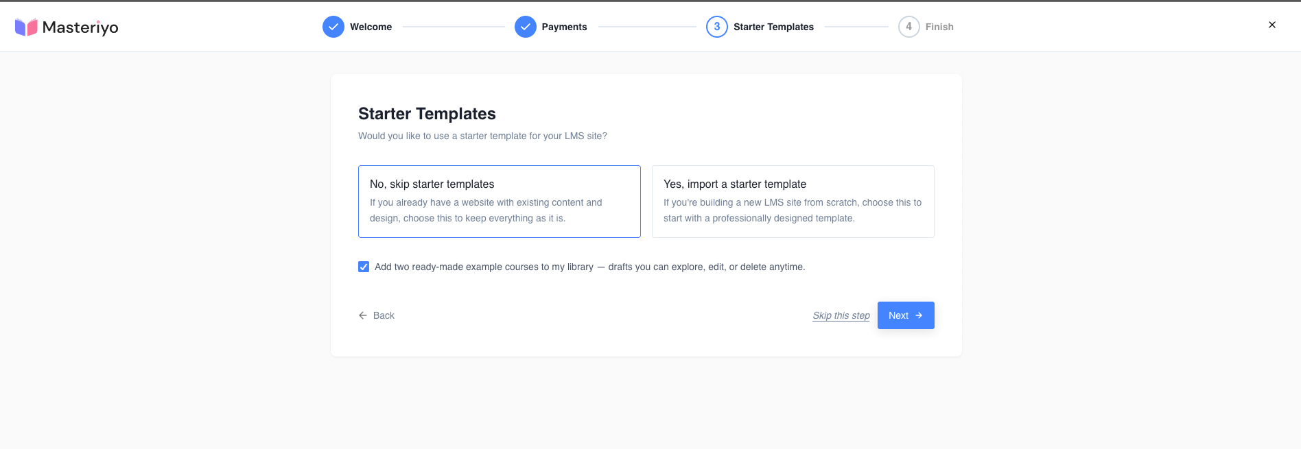 Guided setup Starter Templates confirm/configuration step