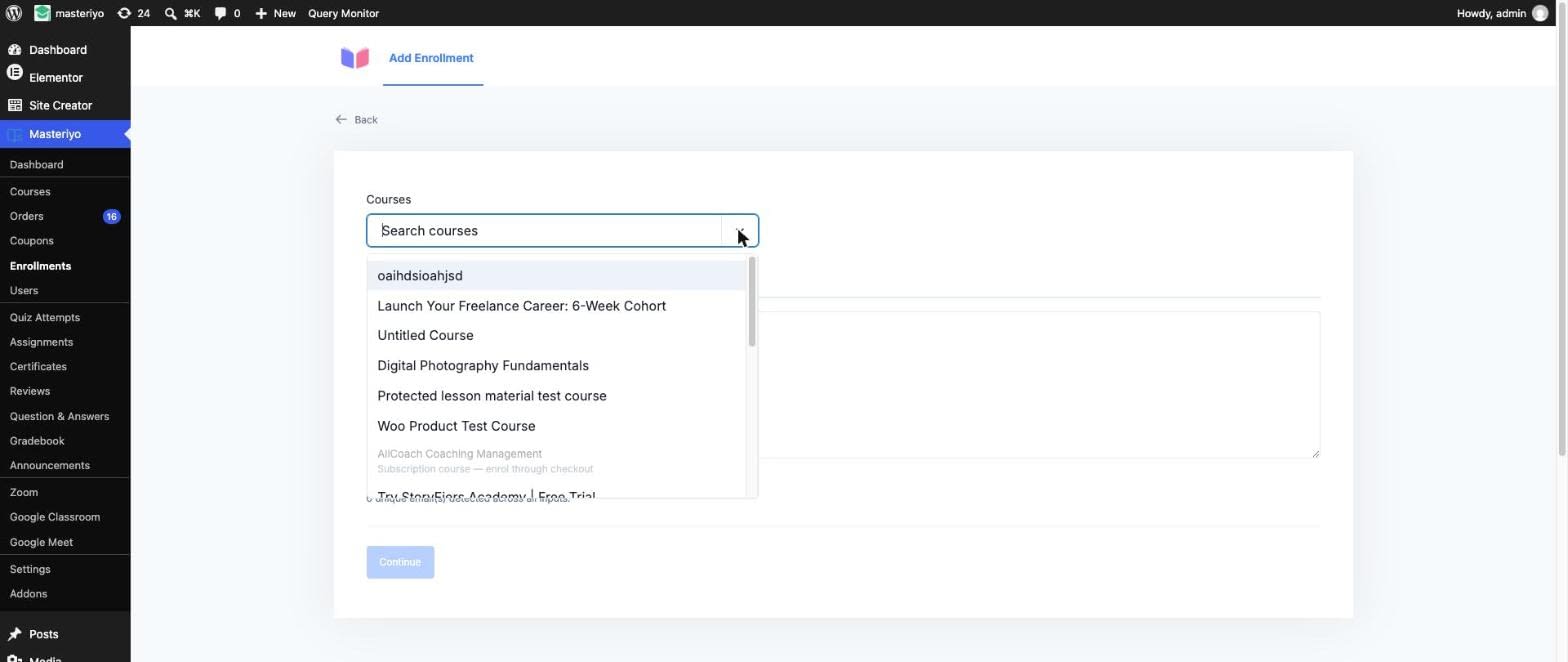 Course selector open, showing a disabled subscription course