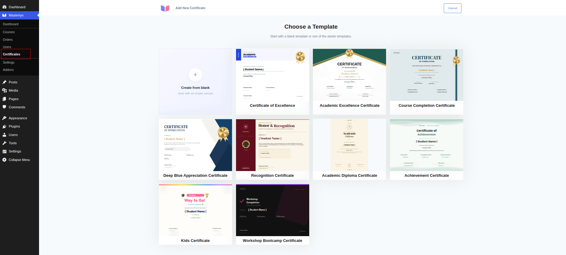 Choose a Template screen with the blank option and starter templates