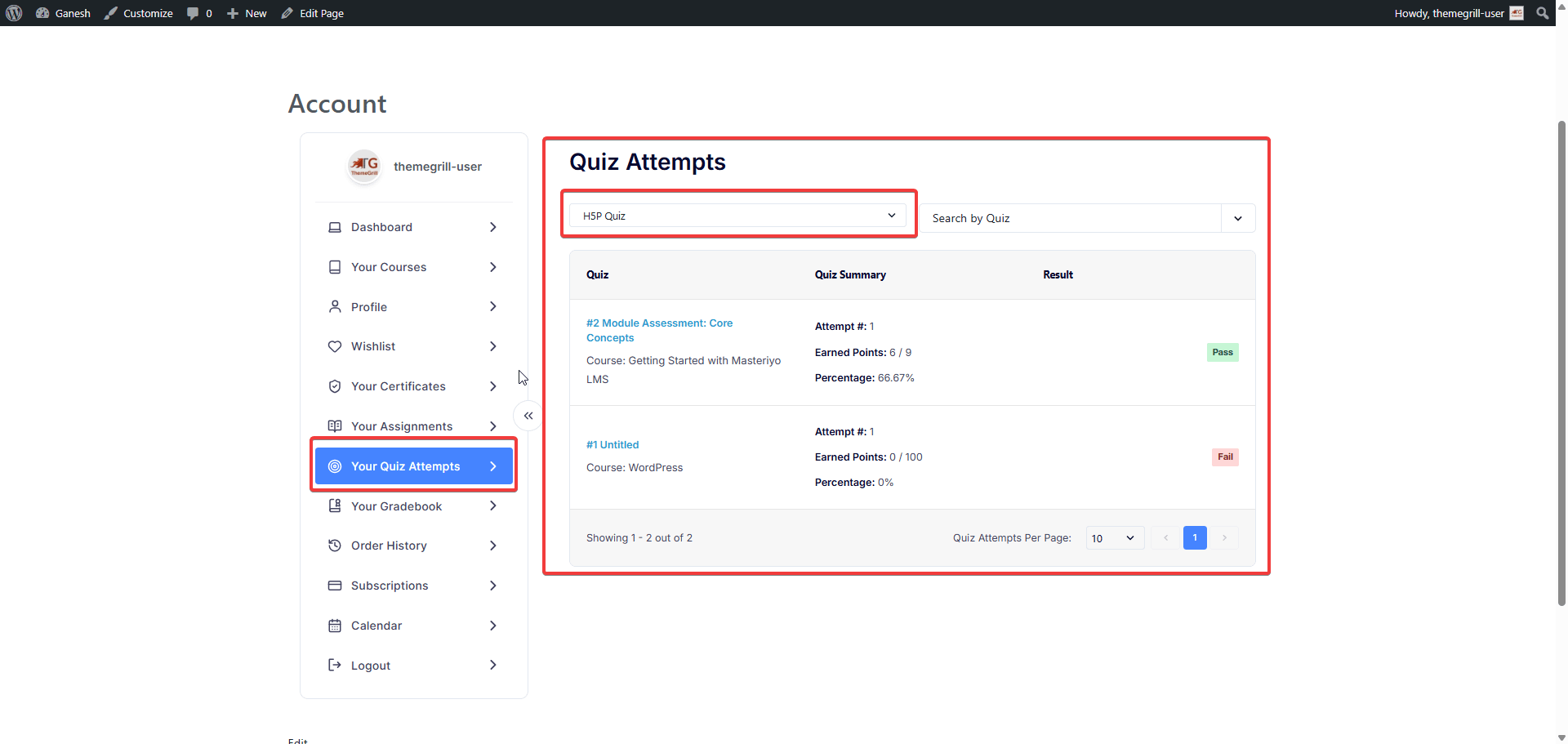 Student account Your Quiz Attempts page with H5P Quiz filter