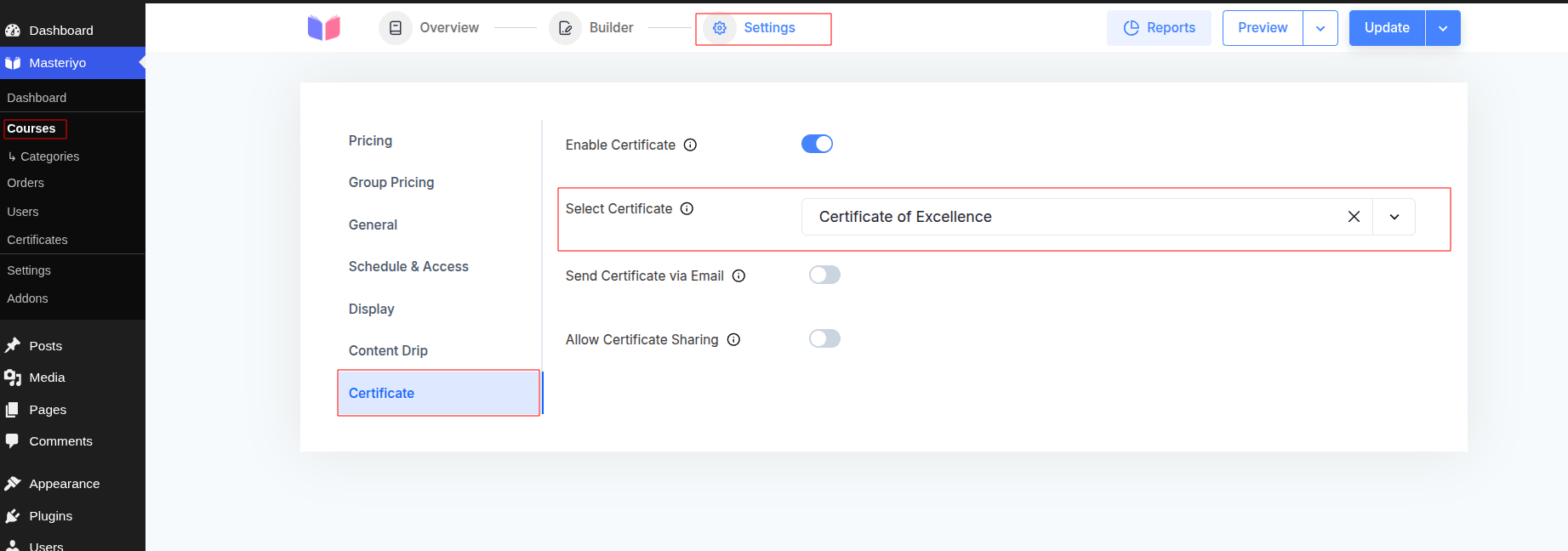 Course Settings with Enable Certificate and Select Certificate
