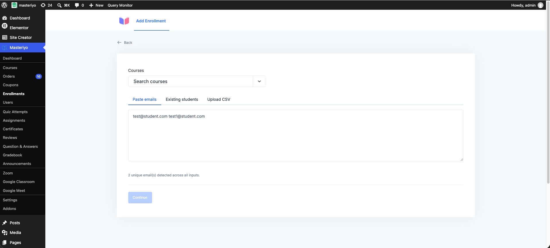 Compose step with a course and emails filled in
