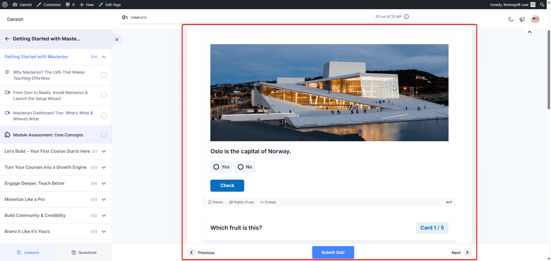 H5P Quiz in progress with questions and Submit Quiz button