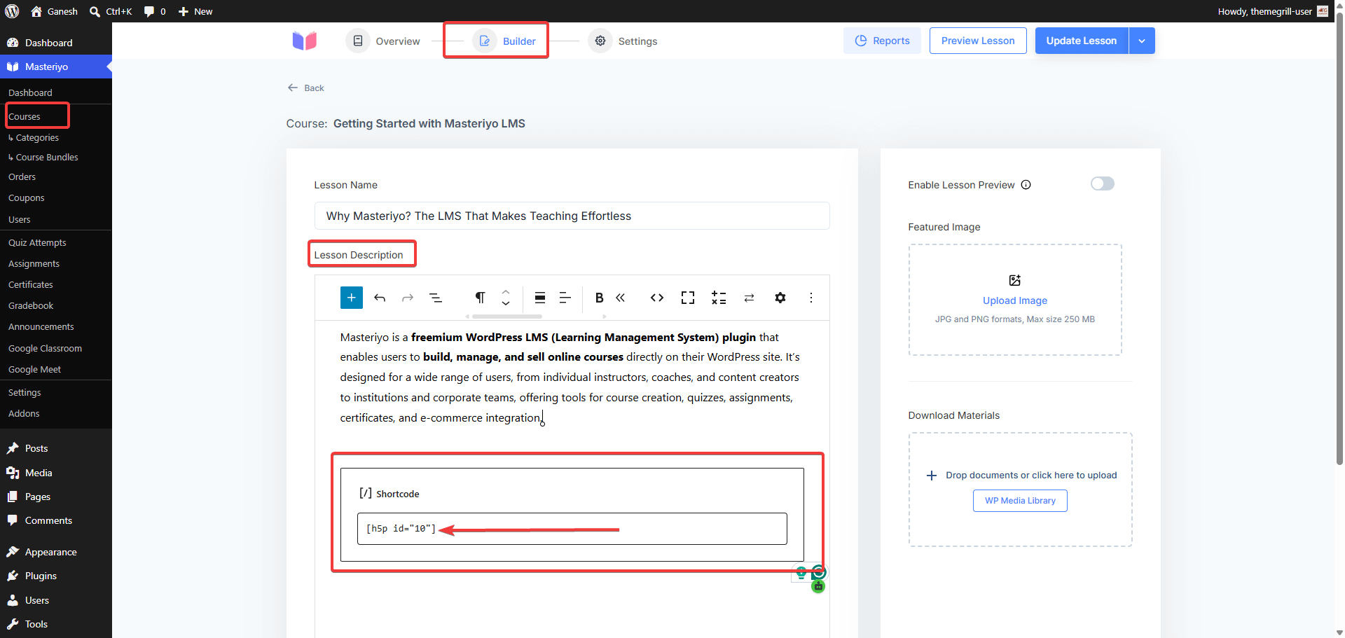 H5P shortcode pasted in the lesson description editor