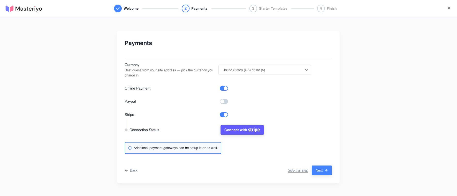 Guided setup Payments step