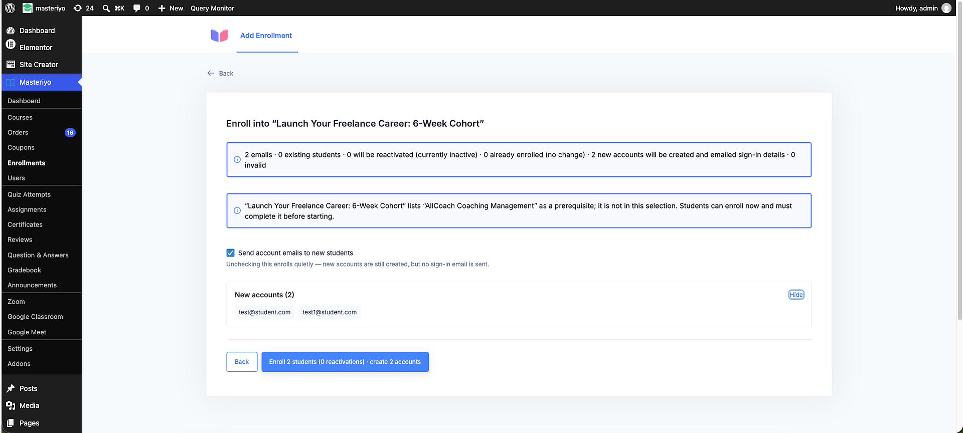 Preview/confirm step showing order options and new-account summary