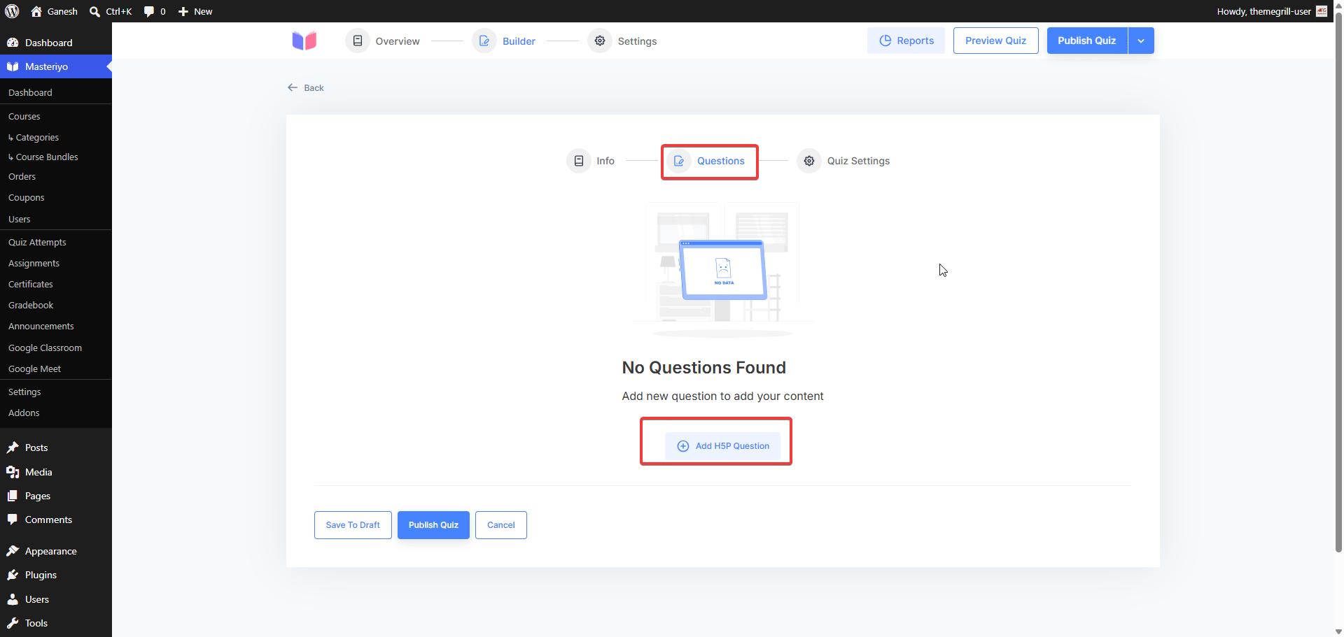 H5P Quiz Questions tab — empty state before adding questions