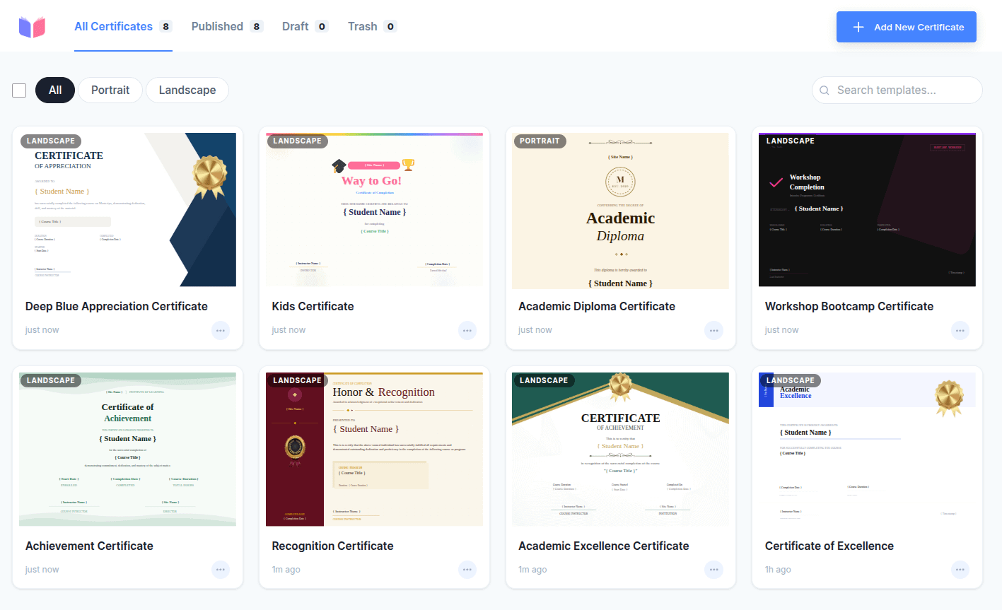 The Certificates screen with the certificate list and toolbar
