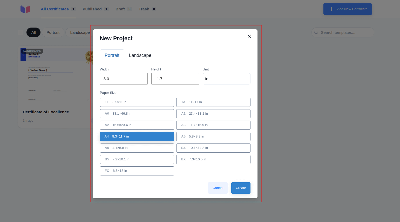 New Project window with orientation, size, and paper presets