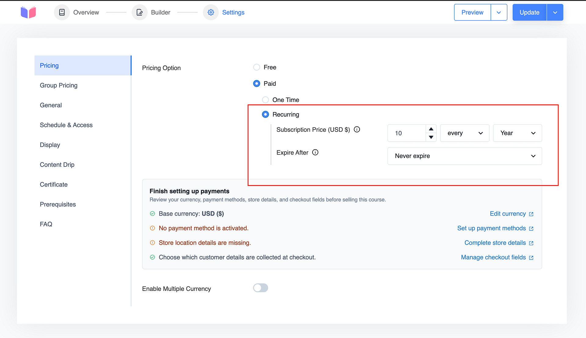Recurring Pricing Option