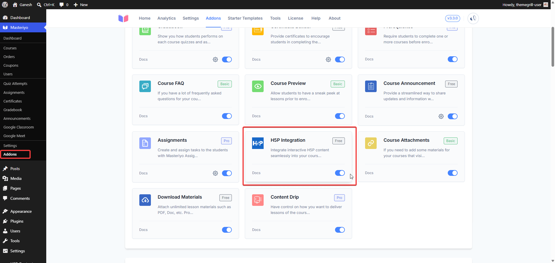 H5P Integration add-on toggle enabled in Masteriyo Addons