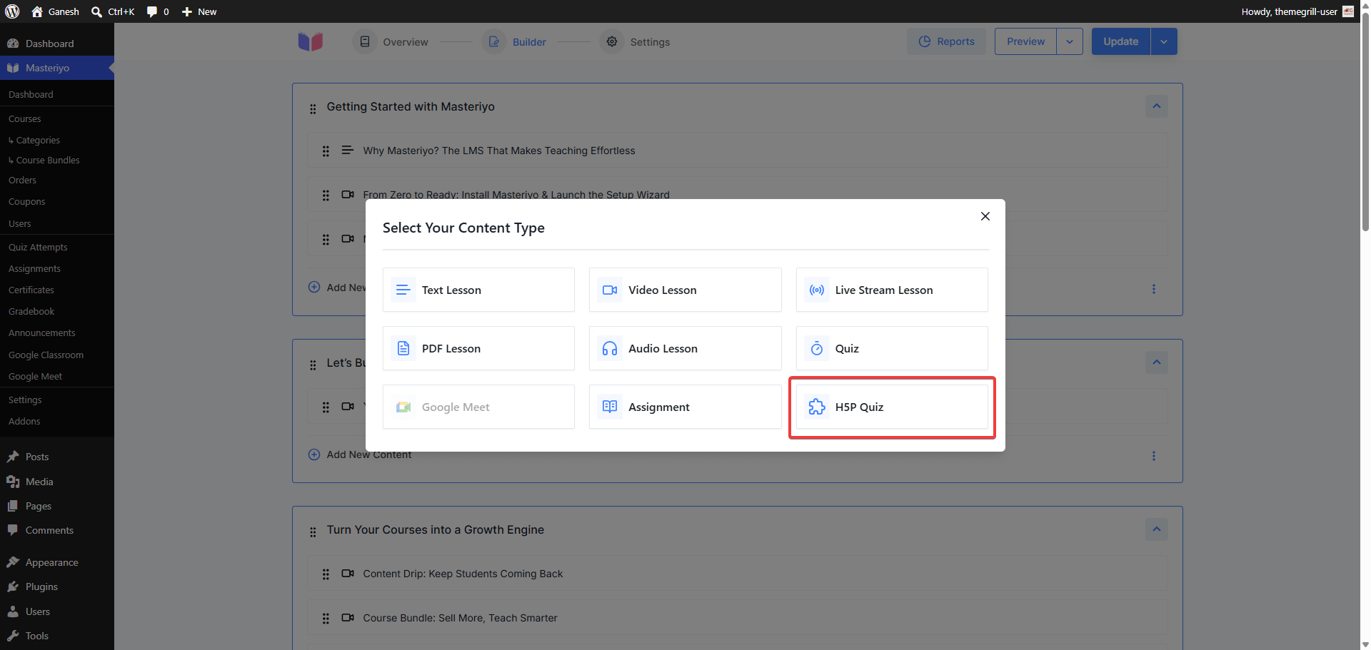 Select Your Content Type modal with H5P Quiz option highlighted