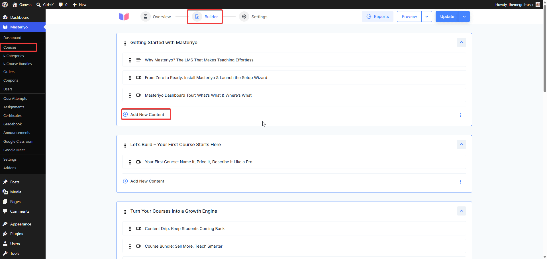 Course Builder with Add New Content button highlighted