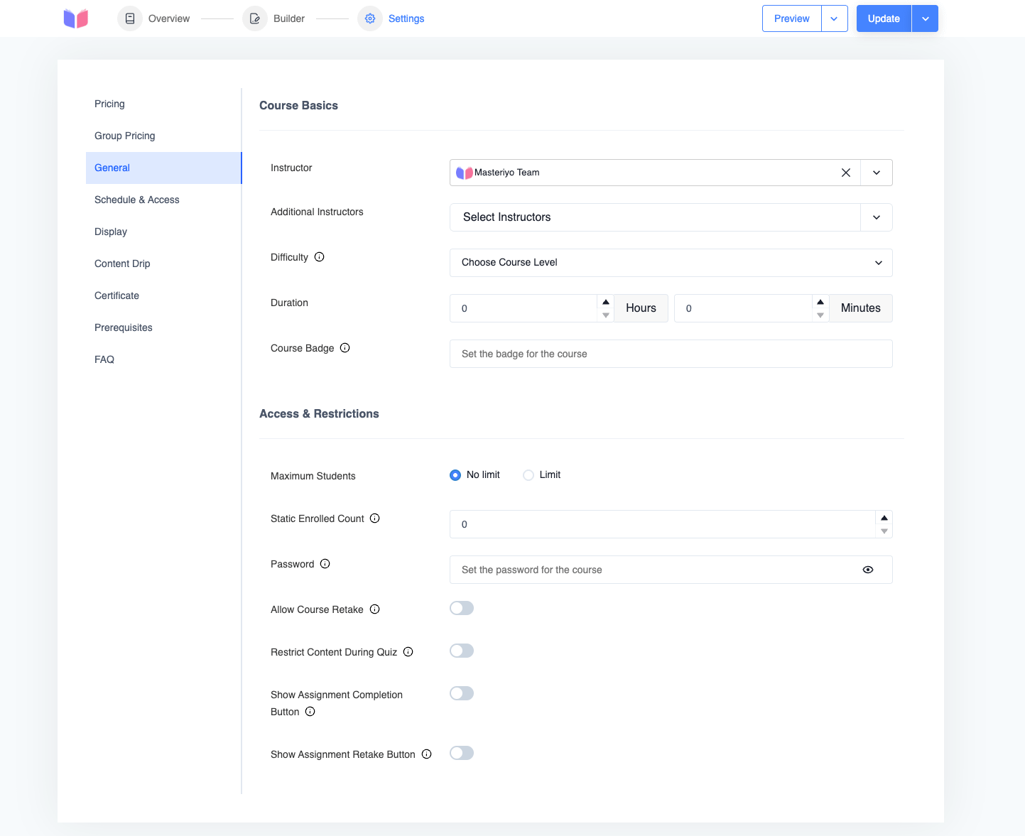 General tab in course settings